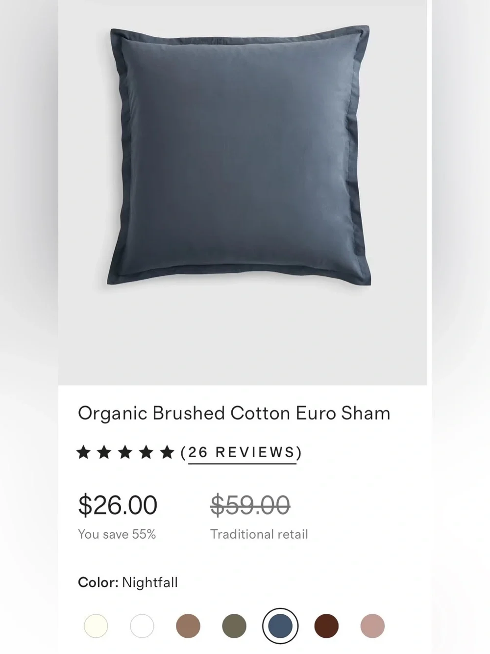 NWOT Quince Organic Brushed Cotton Euro Sham, 26 X 26 (Nightfall)